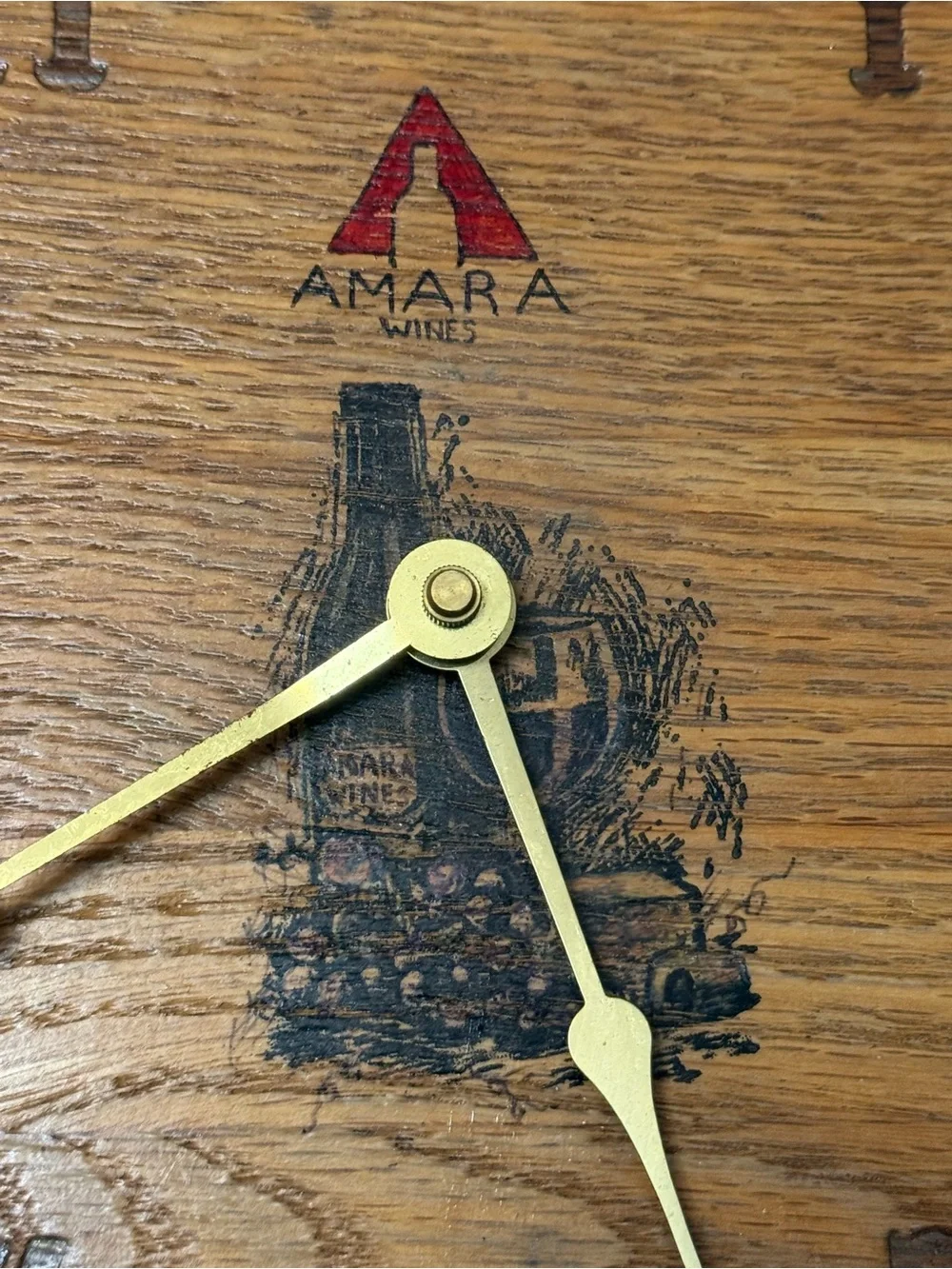 Hand made AMARA Wines Barrel Style Round wall Clock 10in Wood/Metal Analog